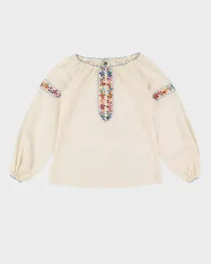 00s Cream Embroidered Cotton Blouse - S