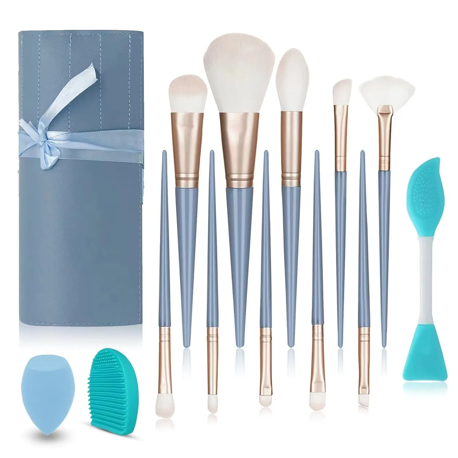 13Pcs Makeup Brushes - Professional Synthetic EyeShadow Blending Powder Liquid Cream Face Brushes Blue Cosmetic Brushes Kit with Bag