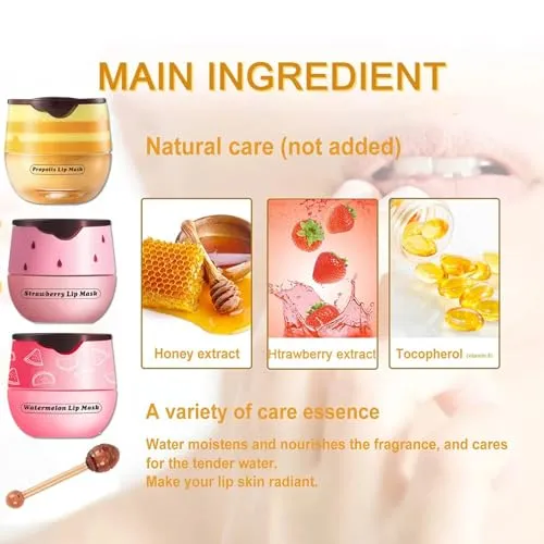 3 PCS Bee Lip Mask Honey Pot Lip Balm,Strawberry Watermelon Lip Mask Overnight Hydrating Dry and Crack Lip Scrubs Exfoliator Propolis Lip Sleeping Mask (Strawberry & Watermelon & Honey)