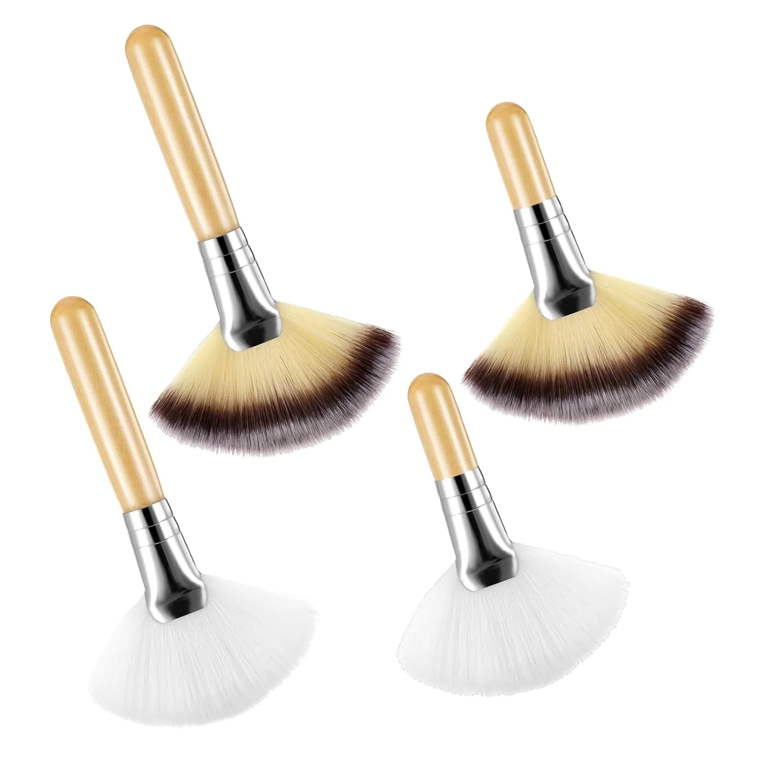 4 Pieces Facial Fan Brush Soft Synthetic Fibers Makeup Brush with Wooden Handle Blush Powder Cosmetic Applicator for Blending Face Highlighting Eyeshadow Buffing Portable Cosmetic Tool