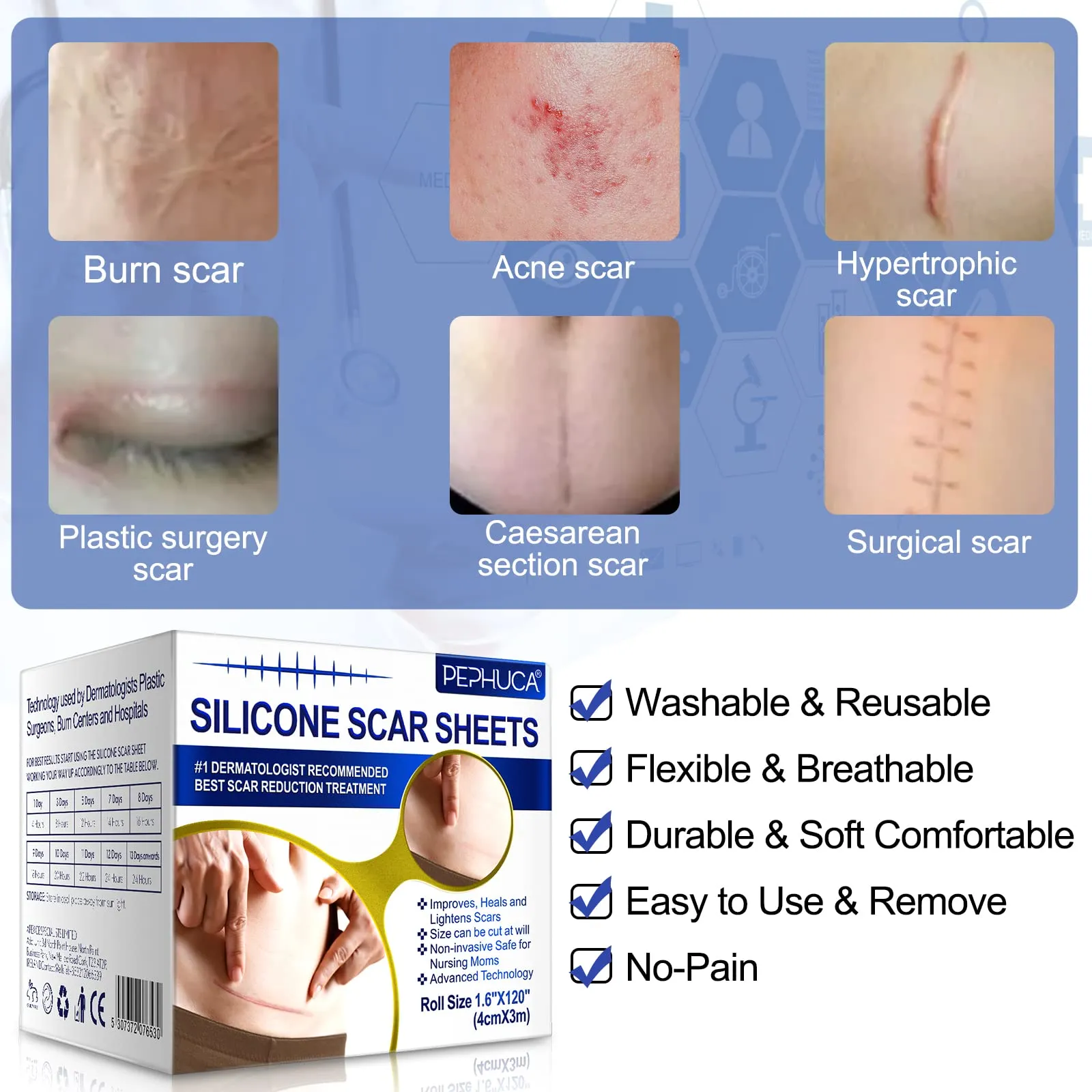 Advanced Silicone Scar Sheets, Transparent Scar Strips, Gel Tape for Scar Removal, Reusable and Effective Removal New and Old Scars(4X300CM)