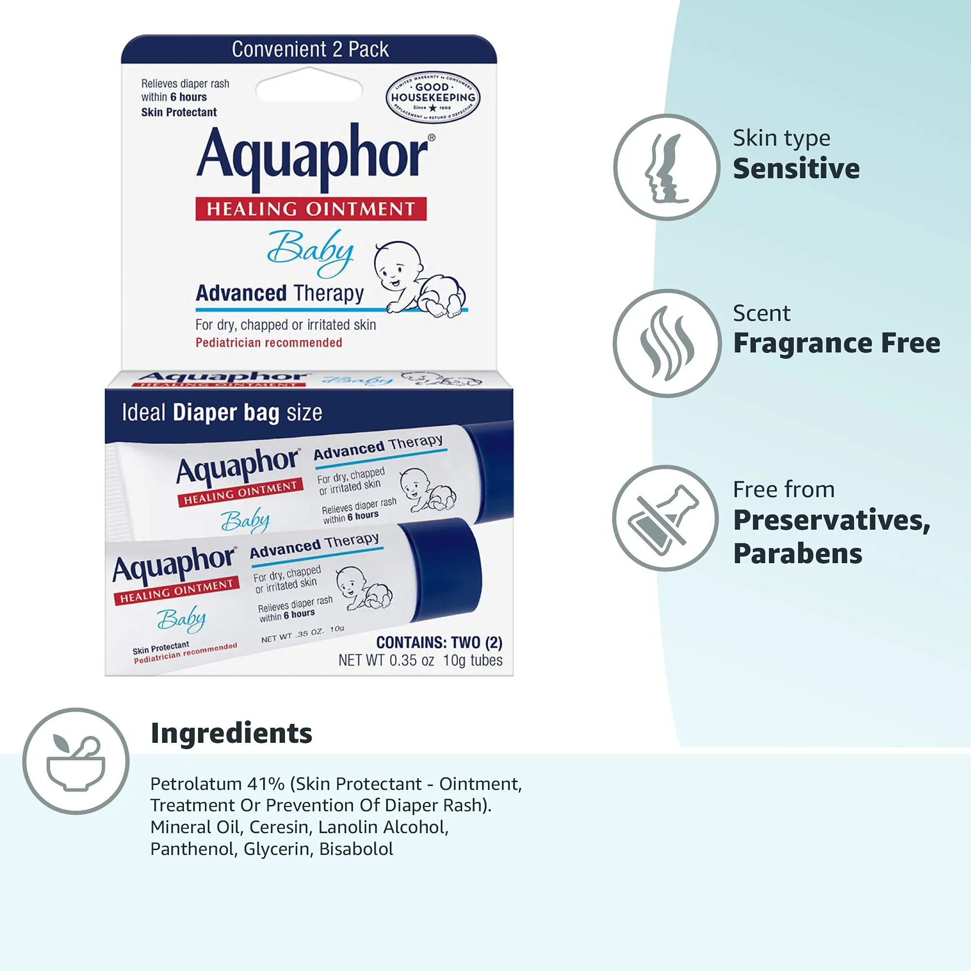 Aquaphor Baby Healing Ointment To-Go Pack - Advanced Therapy for Chapped Cheeks and Diaper Rash - Two .35 oz. Tubes 2 Count (Pack of 1)