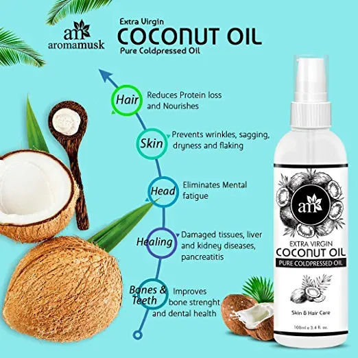 AromaMusk Organic 100% Pure Cold Pressed Extra Virgin Coconut Oil For Hair And Skin, 100ml