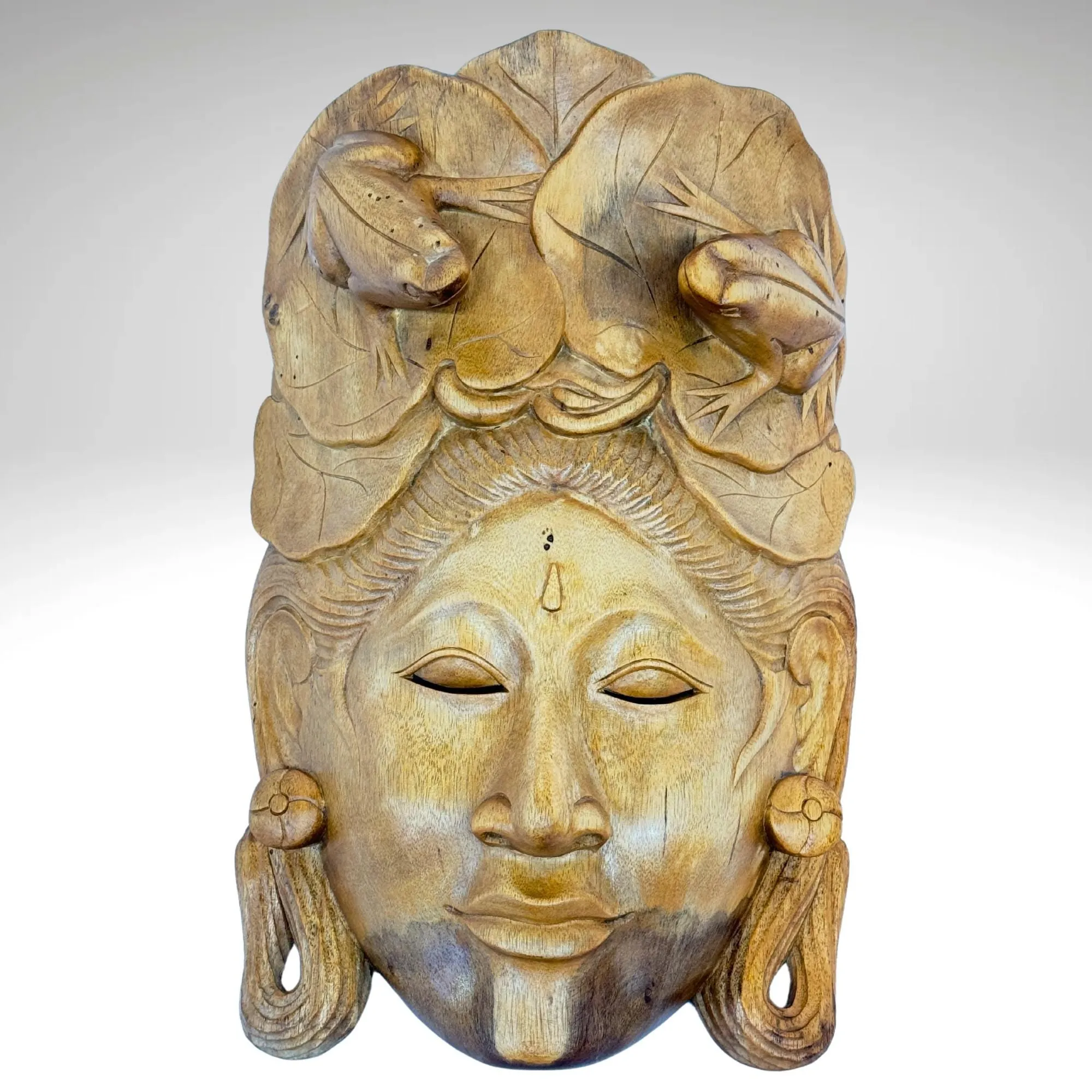 Balinese Mask Dewi Sri With Frogs Fertility Good Luck Abundance Goddess Hand Carved Wood Carving Bali folk art wall decor