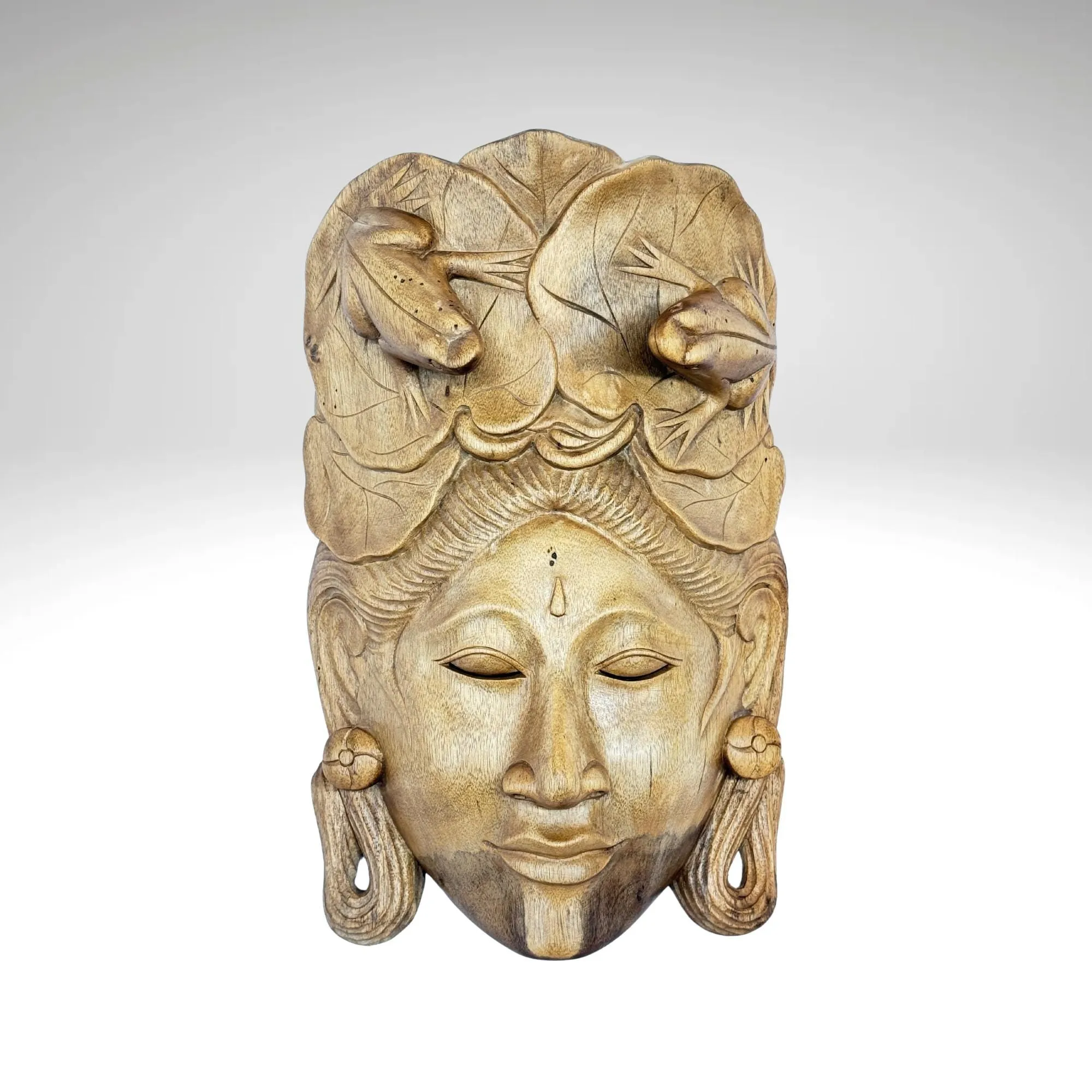 Balinese Mask Dewi Sri With Frogs Fertility Good Luck Abundance Goddess Hand Carved Wood Carving Bali folk art wall decor