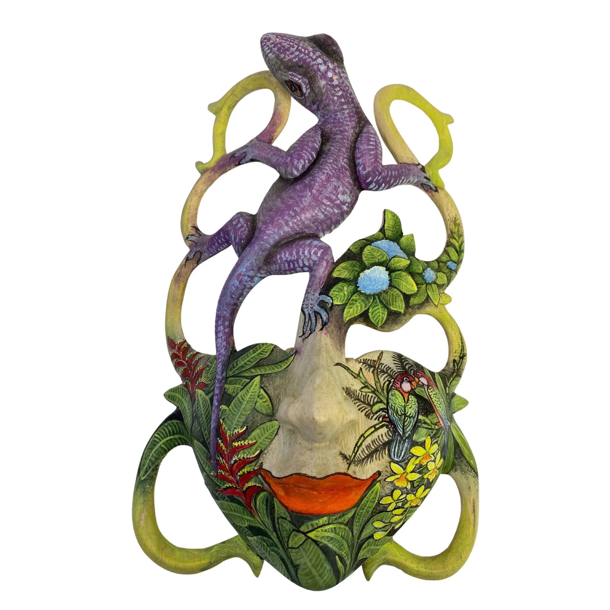 Balinese Mask Purple Leopard Gecko Rainforest Goddess Abstract Dream Mask Hand Painted Carved Wood Carving Bali Wall Decor Art