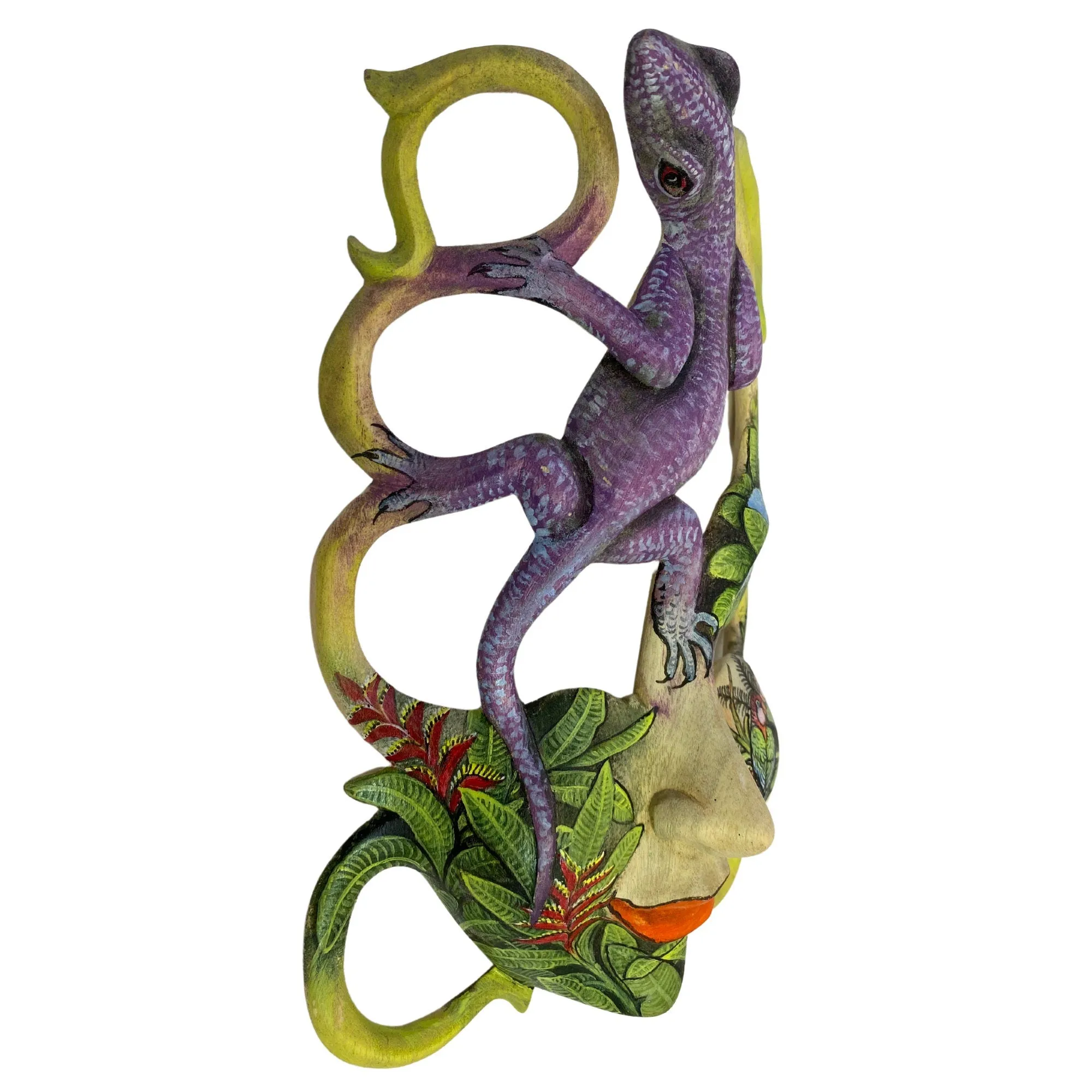 Balinese Mask Purple Leopard Gecko Rainforest Goddess Abstract Dream Mask Hand Painted Carved Wood Carving Bali Wall Decor Art