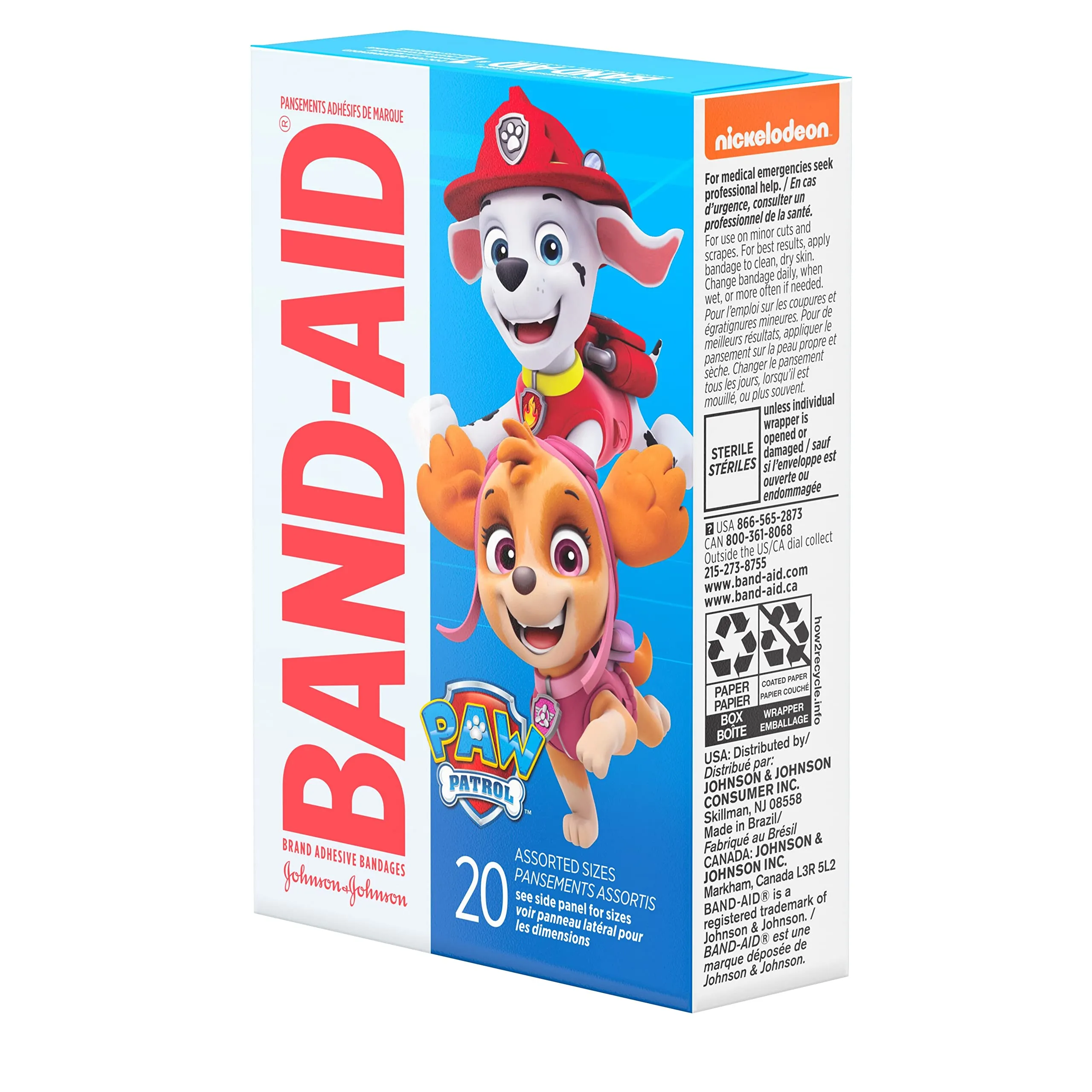 Band-Aid Brand Adhesive Bandages for First Aid, Nickelodeon PAW Patrol, Assorted, 20 ct 20 Count (Pack of 1)