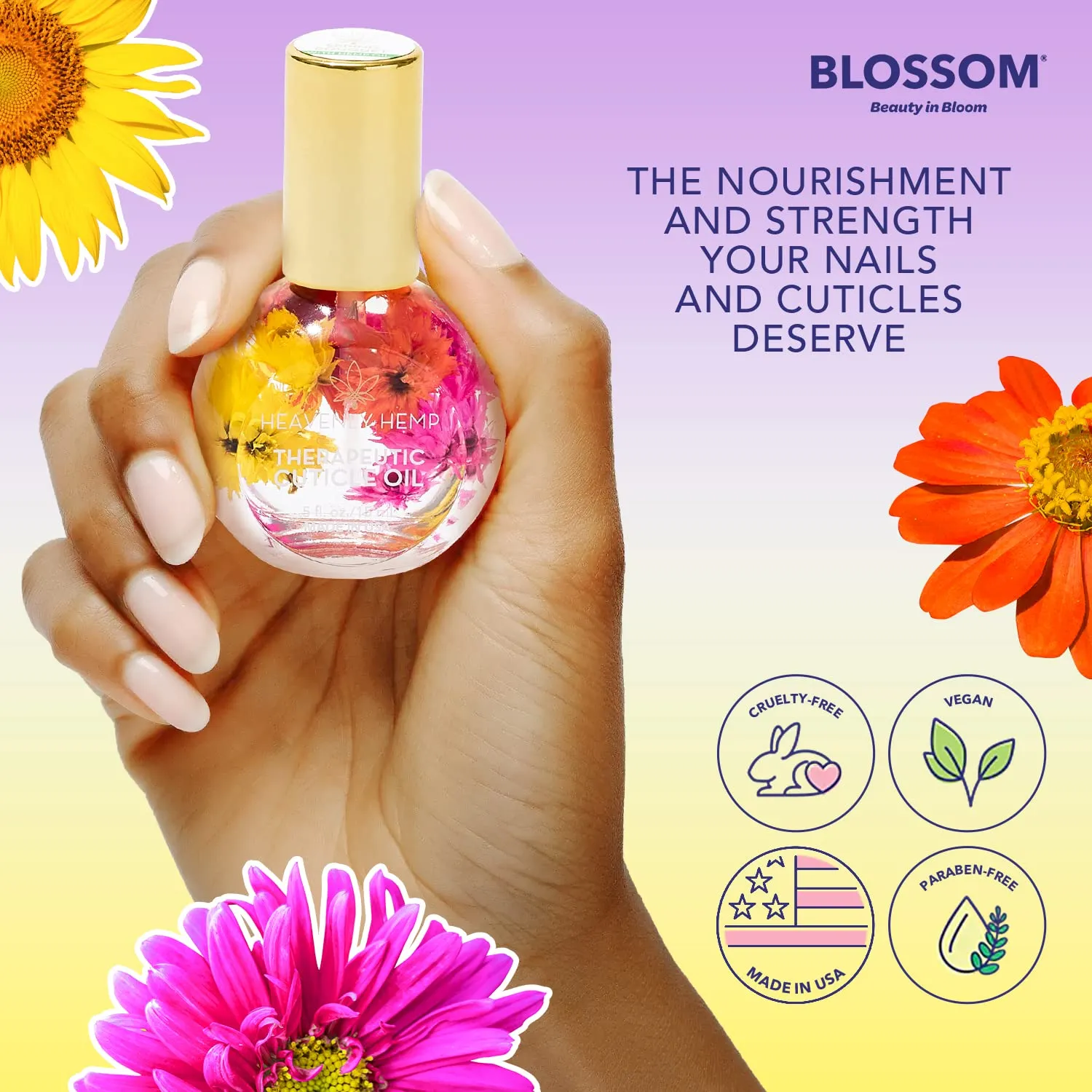 Blossom Heavenly Hemp Therapeutic, Hydrating, Moisturizing, Strengthening, Scented Cuticle Oil, Infused with Real Flowers, Made in USA, 0.5 fl. oz, Spring Bouquet Hemp