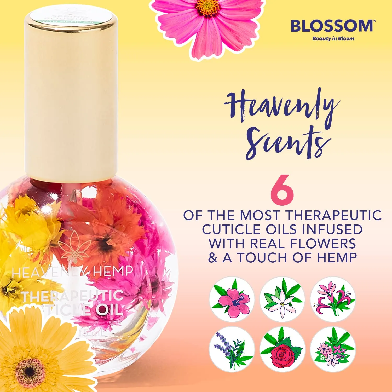 Blossom Heavenly Hemp Therapeutic, Hydrating, Moisturizing, Strengthening, Scented Cuticle Oil, Infused with Real Flowers, Made in USA, 0.5 fl. oz, Spring Bouquet Hemp