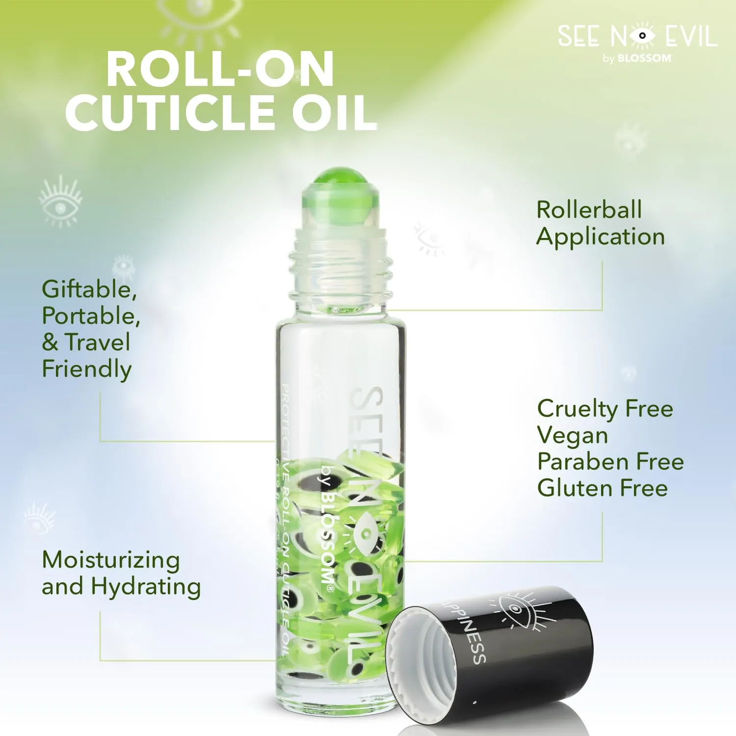 Blossom See No Evil Scented Roll on Cuticle Oil for Nails, Rollerball Application for Nail Support, Cruelty Free, 0.19 fl oz/5.5mL, Happiness Lily