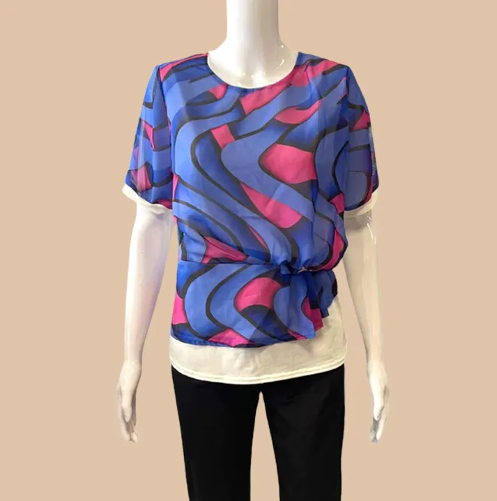 BLUE & PINK SWIRL CHIFFON OVERLAY TOP