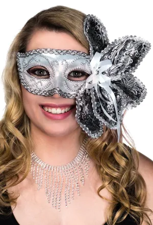 Brocade Side Flower Deluxe Silver Masquerade Mask