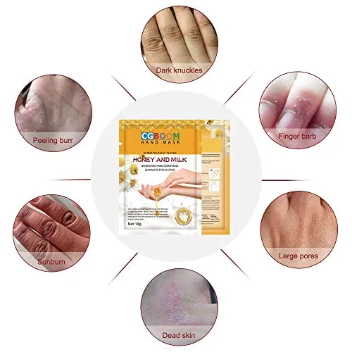 CGBOOM 5 Pairs Hand Masks Moisturizing Gloves, Hand Skin Repair Renew Mask Infused Collagen, Vitamins   Natural Plant Extracts for Dry, Aging, Cracked Hands (Honey and Milk)