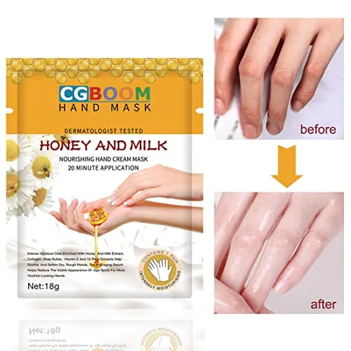 CGBOOM 5 Pairs Hand Masks Moisturizing Gloves, Hand Skin Repair Renew Mask Infused Collagen, Vitamins   Natural Plant Extracts for Dry, Aging, Cracked Hands (Honey and Milk)