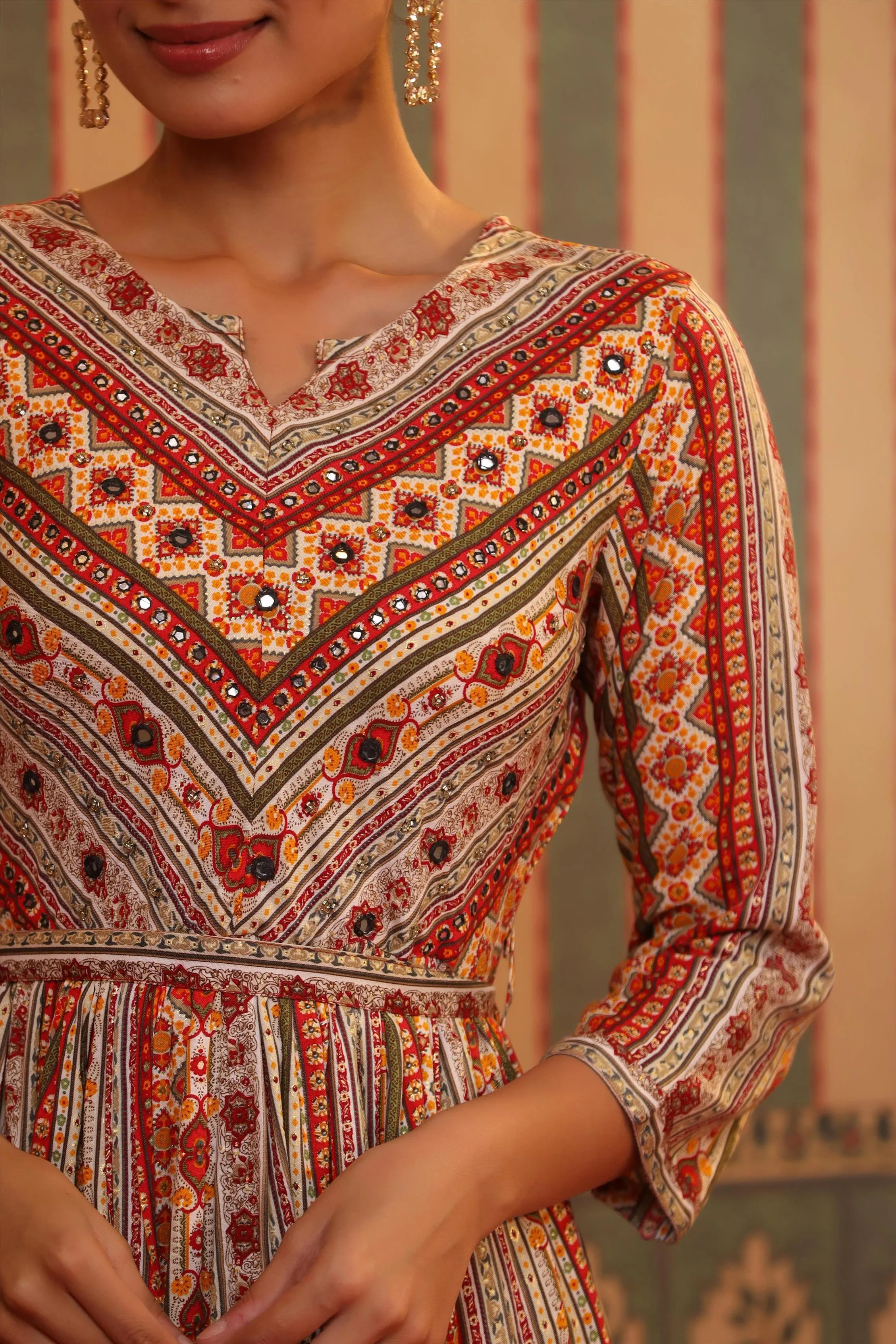 Cream Rayon Foil Printed Gathered Dress With Belt
