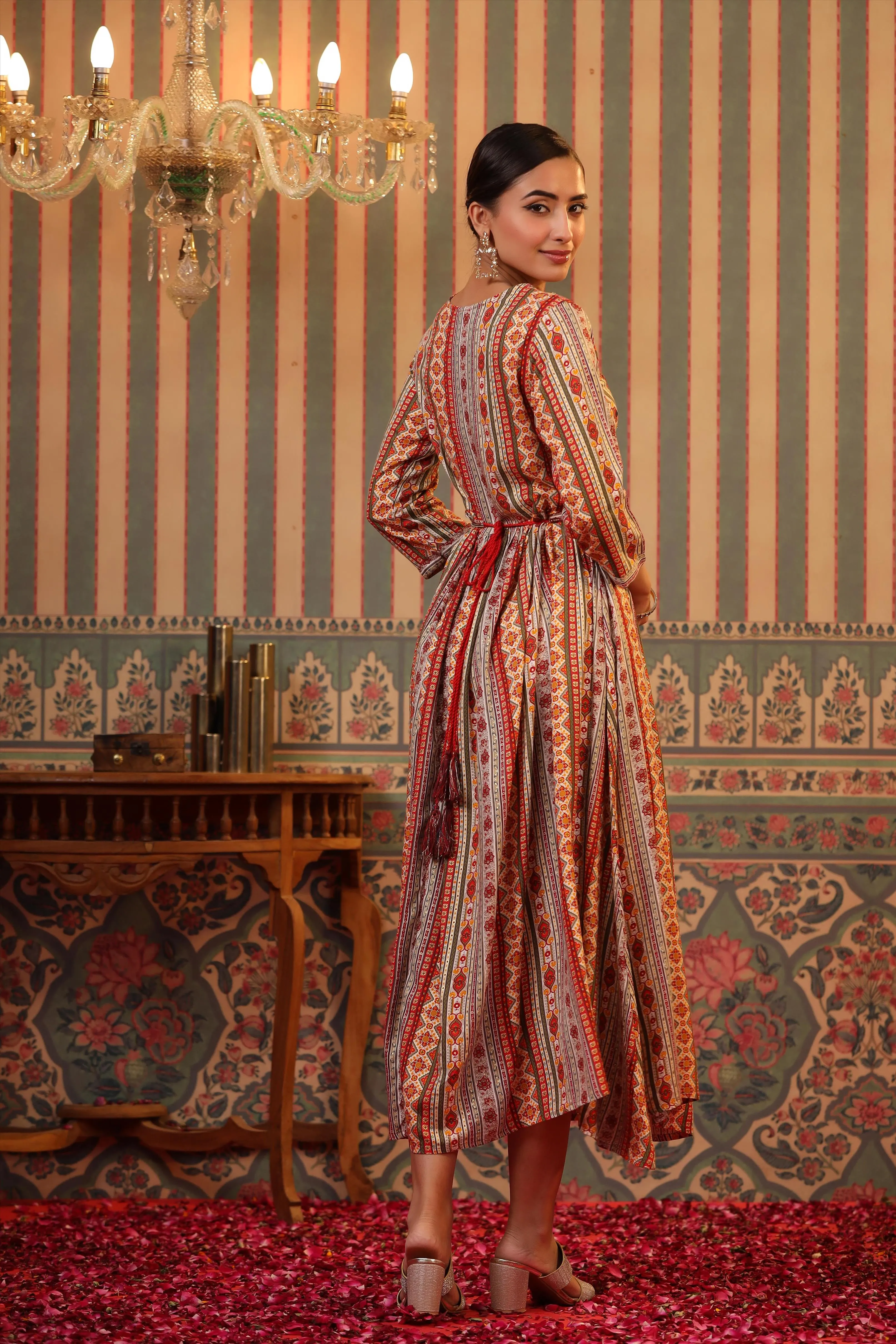 Cream Rayon Foil Printed Gathered Dress With Belt