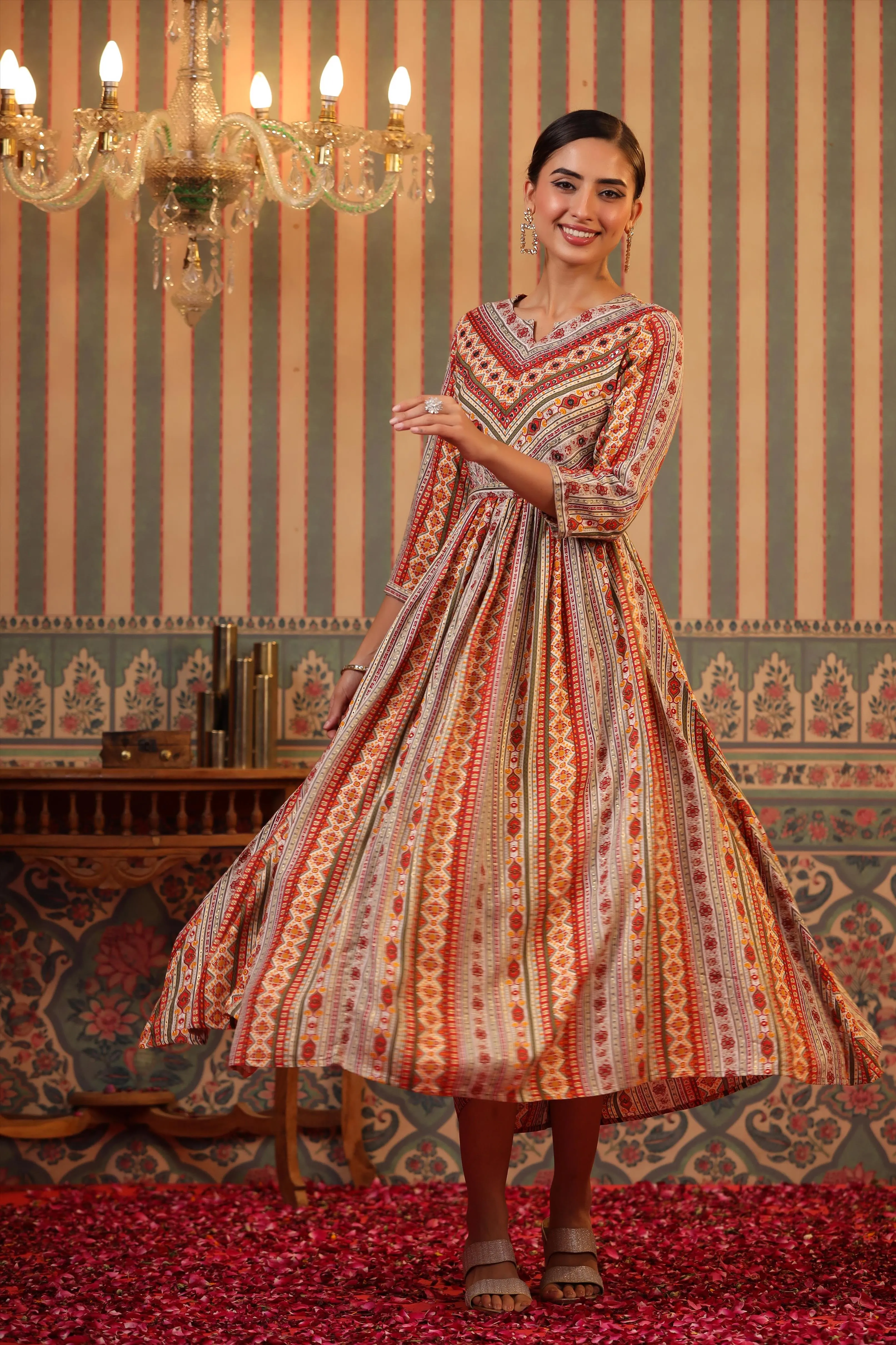 Cream Rayon Foil Printed Gathered Dress With Belt