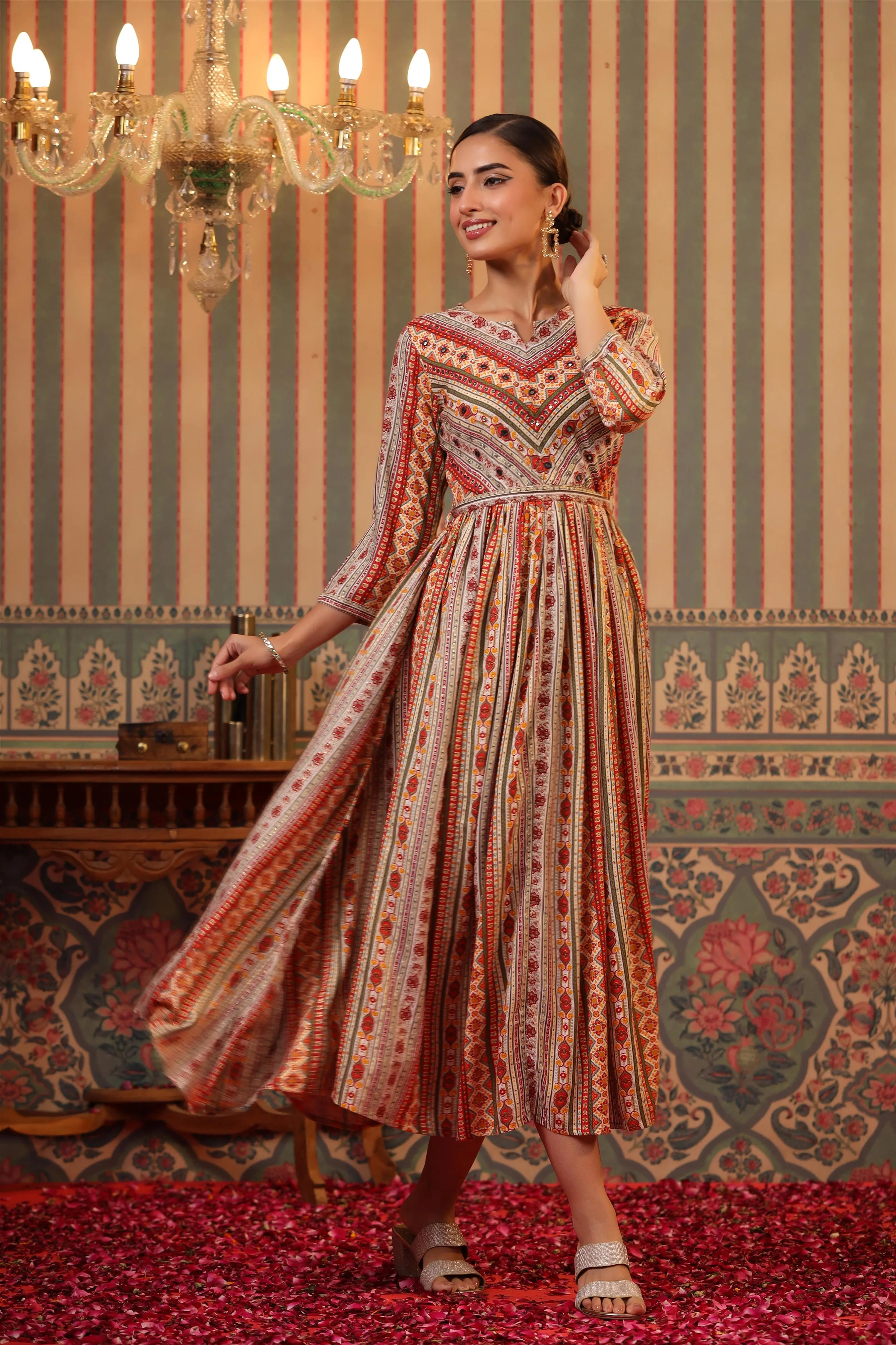 Cream Rayon Foil Printed Gathered Dress With Belt
