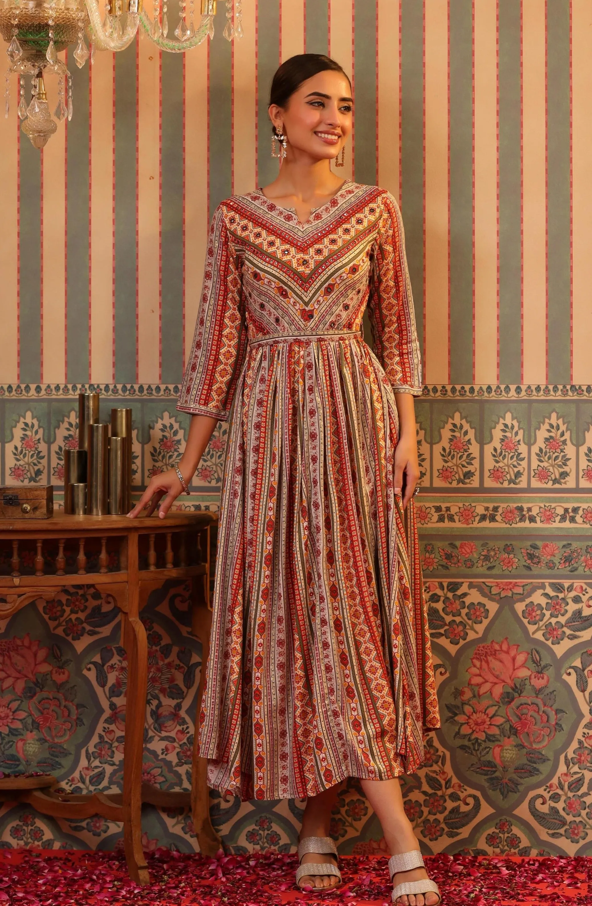 Cream Rayon Foil Printed Gathered Dress With Belt