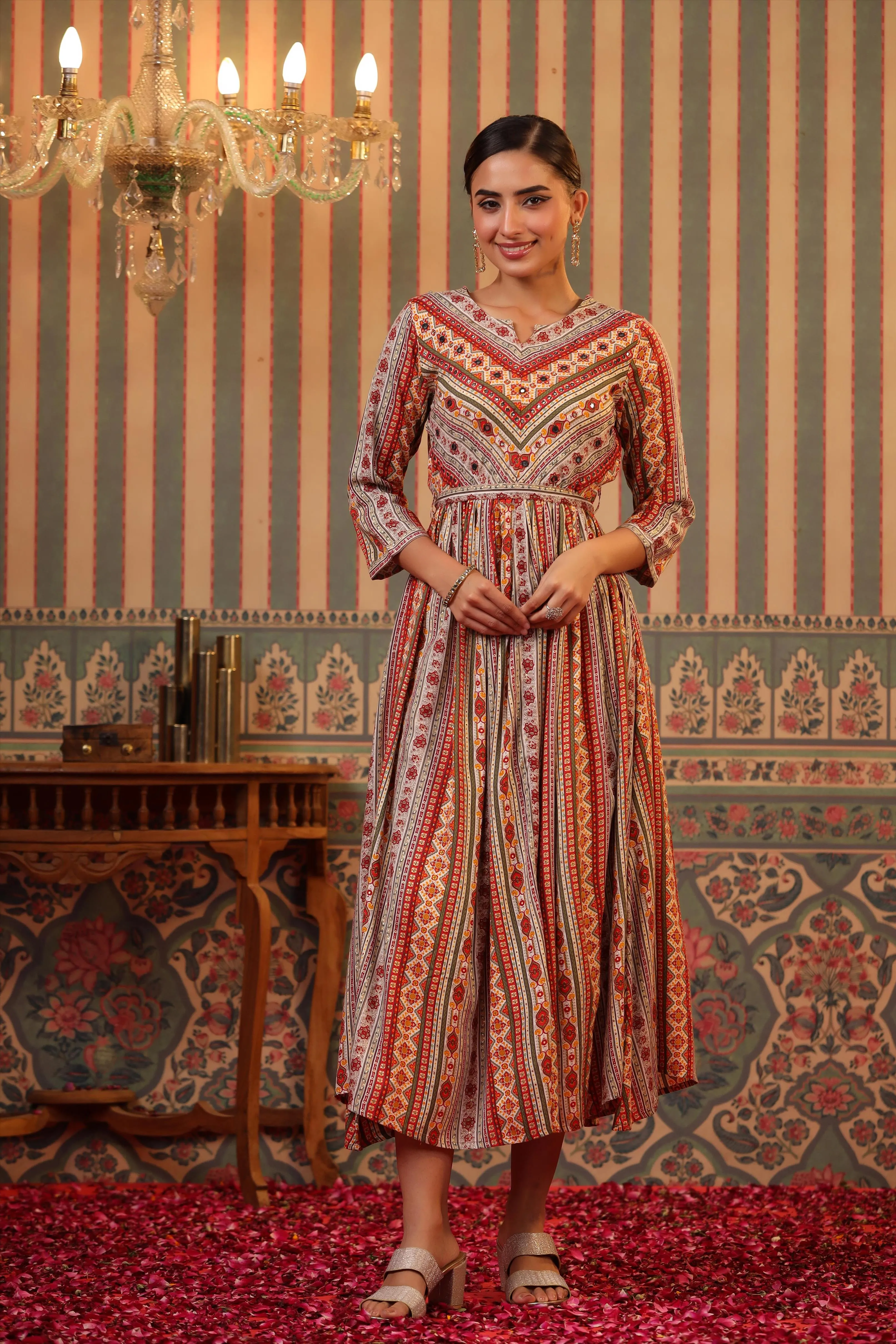 Cream Rayon Foil Printed Gathered Dress With Belt