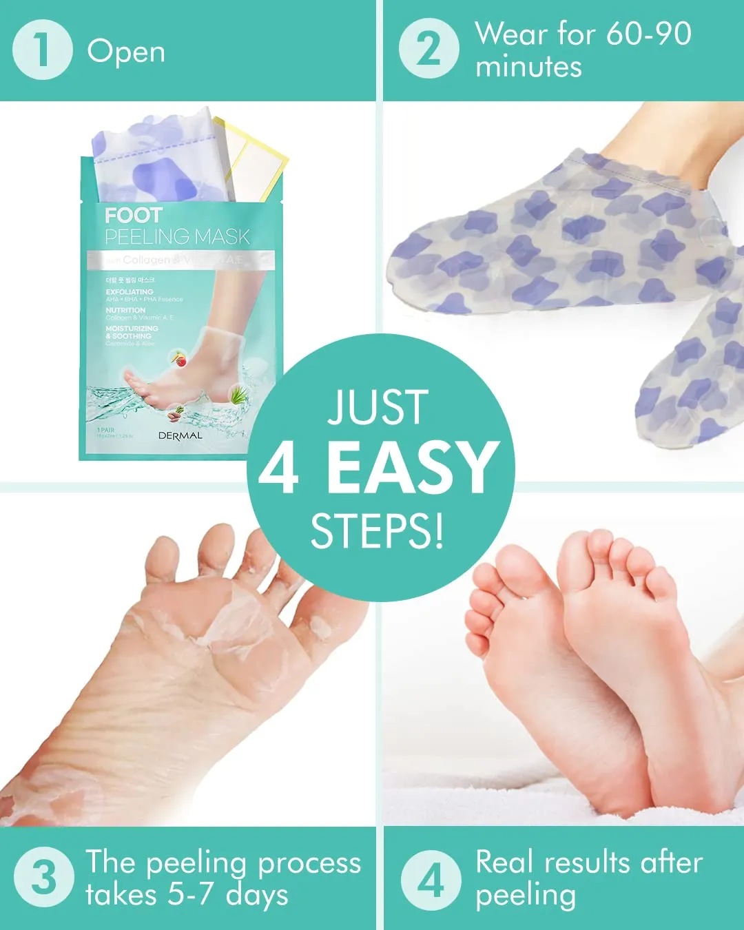 DERMAL 24 Combo Pack Collagen Essence Full Face Facial Mask Sheet   Foot Peeling Mask 3 Pack For Dry Foot And Cracked Heel & Callus With Aloe Vera And Collagen