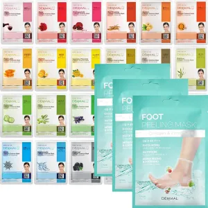 DERMAL 24 Combo Pack Collagen Essence Full Face Facial Mask Sheet   Foot Peeling Mask 3 Pack For Dry Foot And Cracked Heel & Callus With Aloe Vera And Collagen