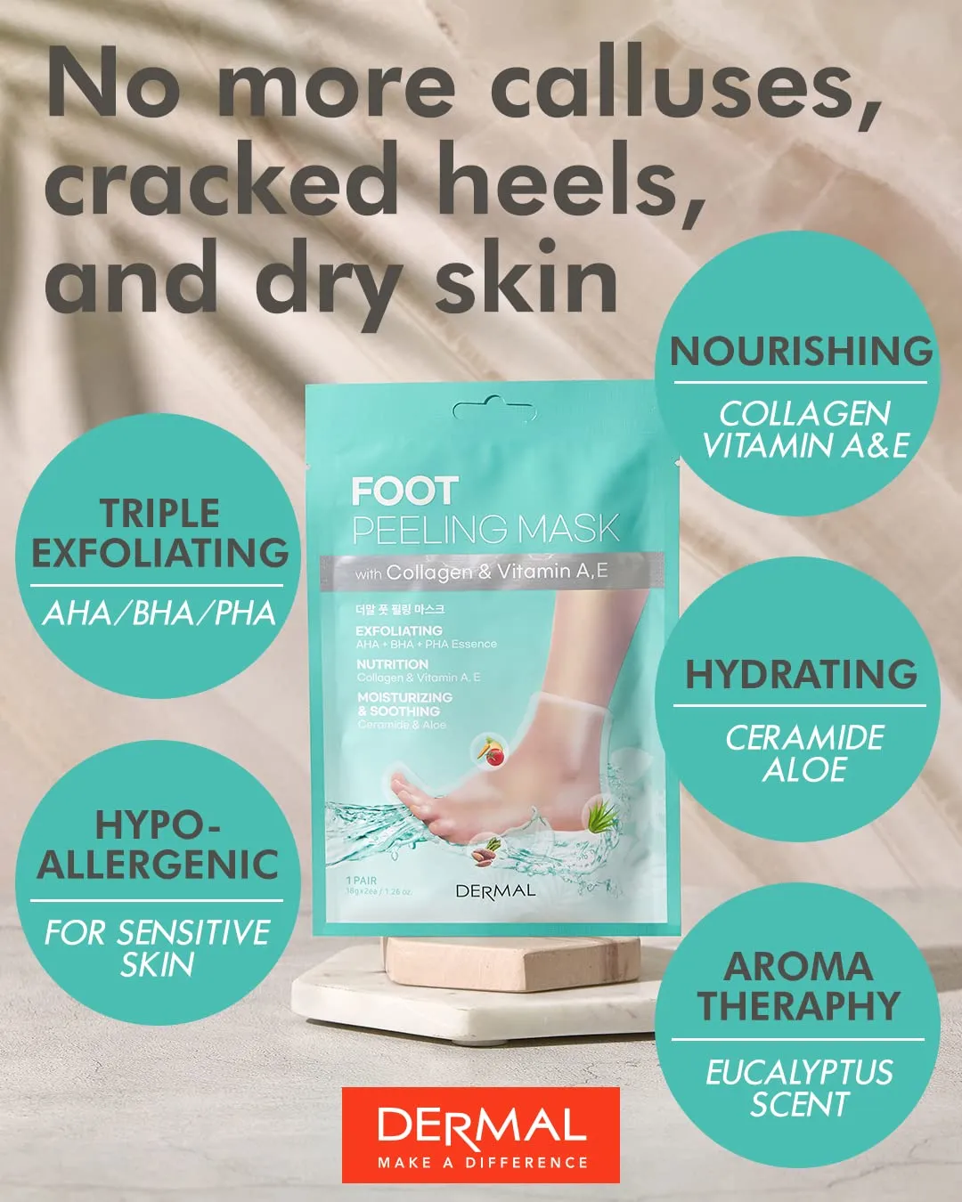 DERMAL 24 Combo Pack Collagen Essence Full Face Facial Mask Sheet   Foot Peeling Mask 3 Pack For Dry Foot And Cracked Heel & Callus With Aloe Vera And Collagen