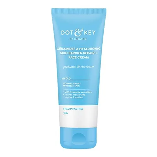 Dot & Key Ceramides Moisturizer with Hyaluronic for Intense Moisturizing and Skin Strengthening | With Probiotic & Rice Water I Barrier Repair Cream | For Dry Skin, Normal Skin & Sensitive Skin | 100g