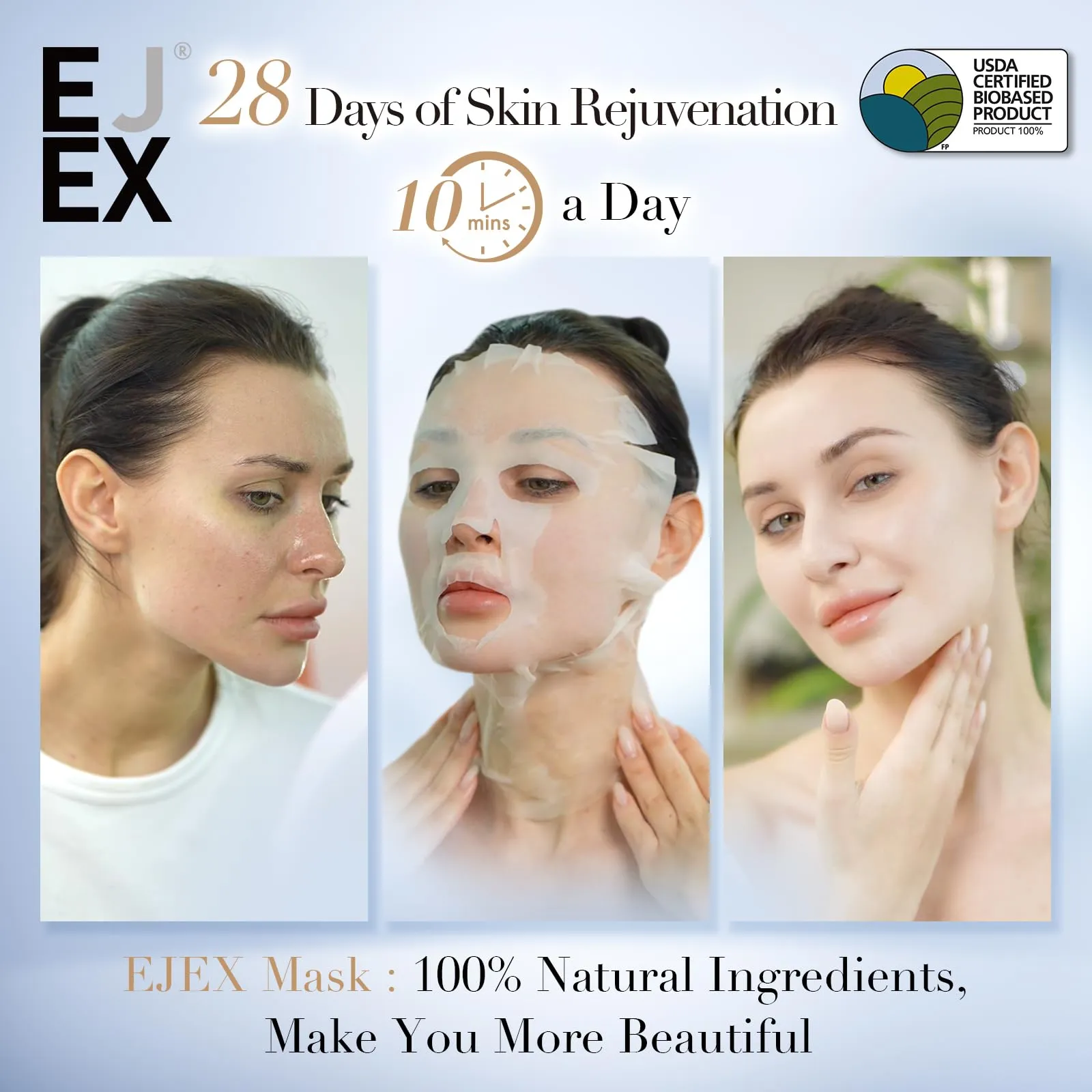 EJEX 100% Natural Fermented Face&Neck Mask,Hydrating Face Mask,Non-Irritating for Sensitive Skin,Preservative-Free,Fragrance-Free,0%Alochol,Soothing,Firming,Glowing,Taiwan Formula Mask,38g x 5ea
