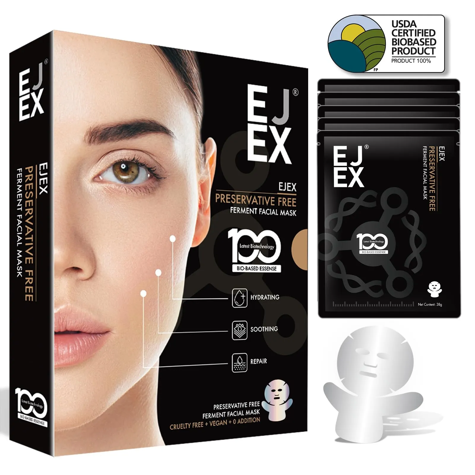 EJEX 100% Natural Fermented Face&Neck Mask,Hydrating Face Mask,Non-Irritating for Sensitive Skin,Preservative-Free,Fragrance-Free,0%Alochol,Soothing,Firming,Glowing,Taiwan Formula Mask,38g x 5ea
