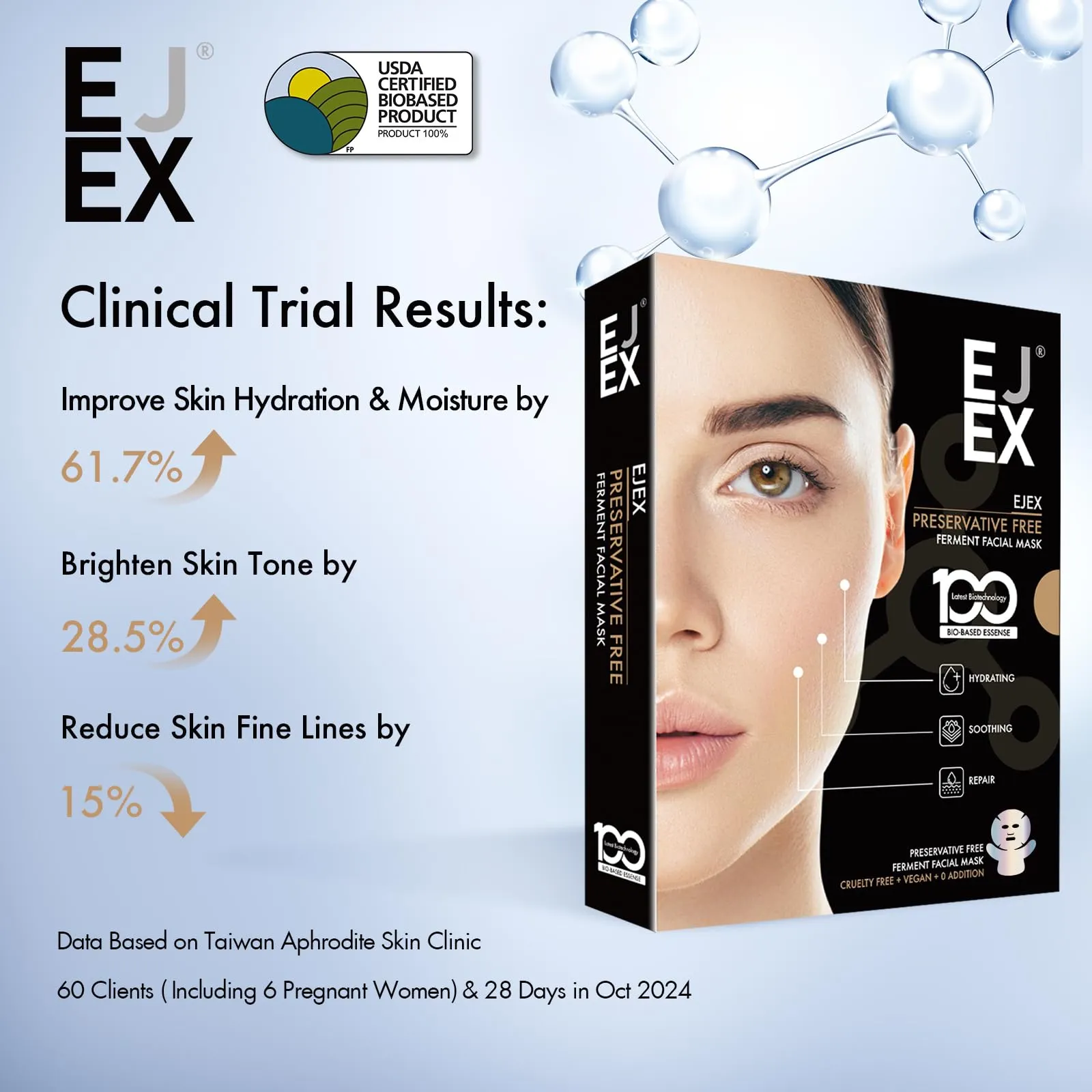 EJEX 100% Natural Fermented Face&Neck Mask,Hydrating Face Mask,Non-Irritating for Sensitive Skin,Preservative-Free,Fragrance-Free,0%Alochol,Soothing,Firming,Glowing,Taiwan Formula Mask,38g x 5ea