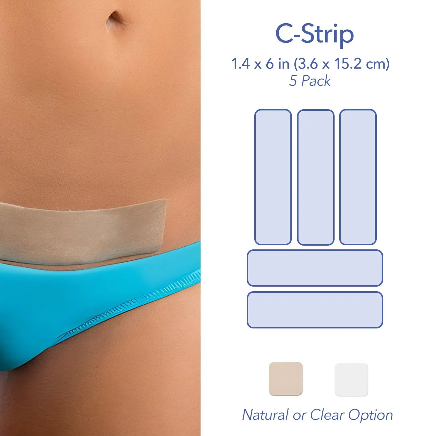 Epi-Derm C-Strips, Premium Grade Silicone Scar Sheets for C-Section, Tummy Tuck, Hysterectomy & Cardiac Surgery Scars, Easy To Use & Reusable Silicone Gel Sheets for Scars 1.4 x 6 in - 5 Pack, Natural