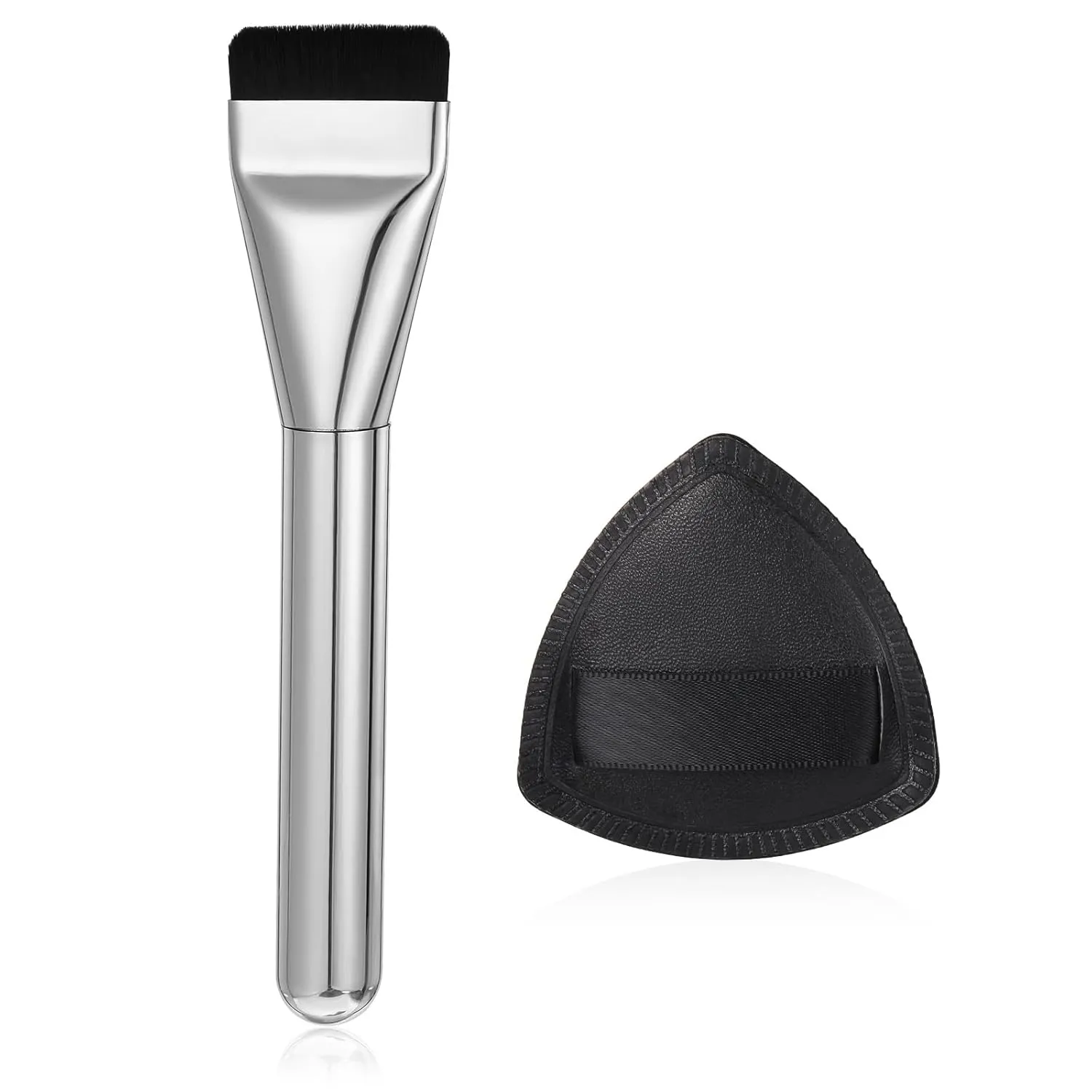 Flat Foundation Brush & Small Puff Set, Premium Makeup Face Brush, Triangular Powder Puff Makeup Sponges, Mask Cosmetic Makeup Tool for Liquid Cream Foundation Powder Buffing Blending