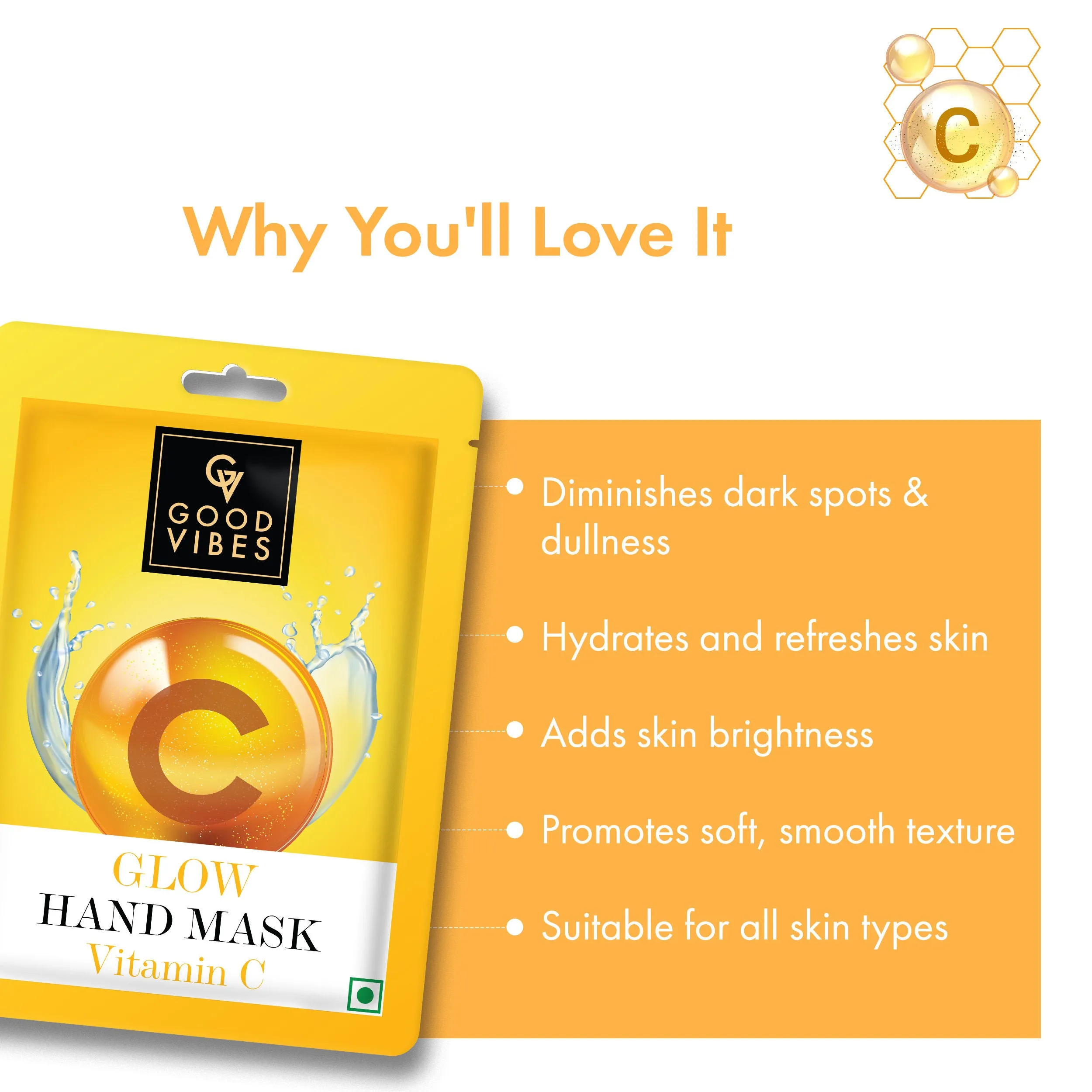 Good Vibes Vitamin C Glow Hand Mask | Brightening, Soothing | Vegan, No Parabens, No Sulphates, No Alcohol, No Animal Testing (20 g)