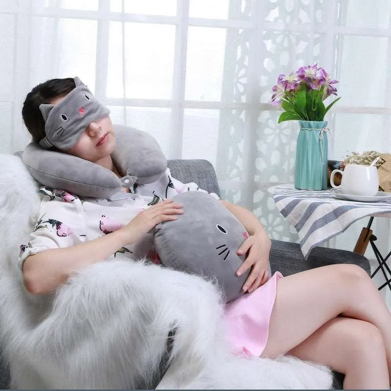 Grey Cat Travel Neck Pillow and Night Mask