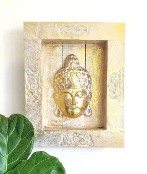 Home Decor: Wall Hanging. Unique Hand carved Buddha Mask in a floral box frame .