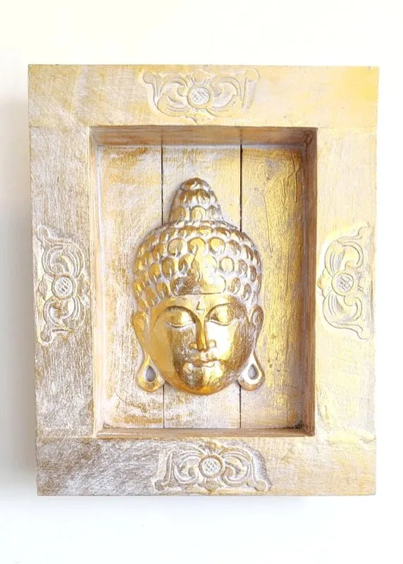 Home Decor: Wall Hanging. Unique Hand carved Buddha Mask in a floral box frame .