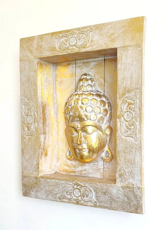 Home Decor: Wall Hanging. Unique Hand carved Buddha Mask in a floral box frame .