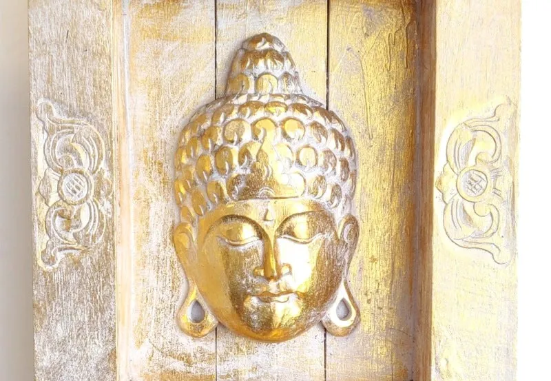 Home Decor: Wall Hanging. Unique Hand carved Buddha Mask in a floral box frame .