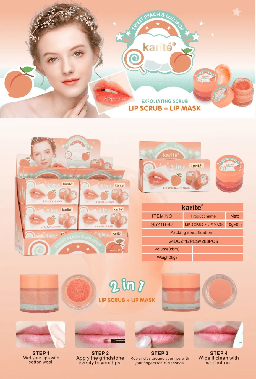 Karite Lip Scrub   Lip Mask Sweet Peach 2 IN 1 - 10g 6ml