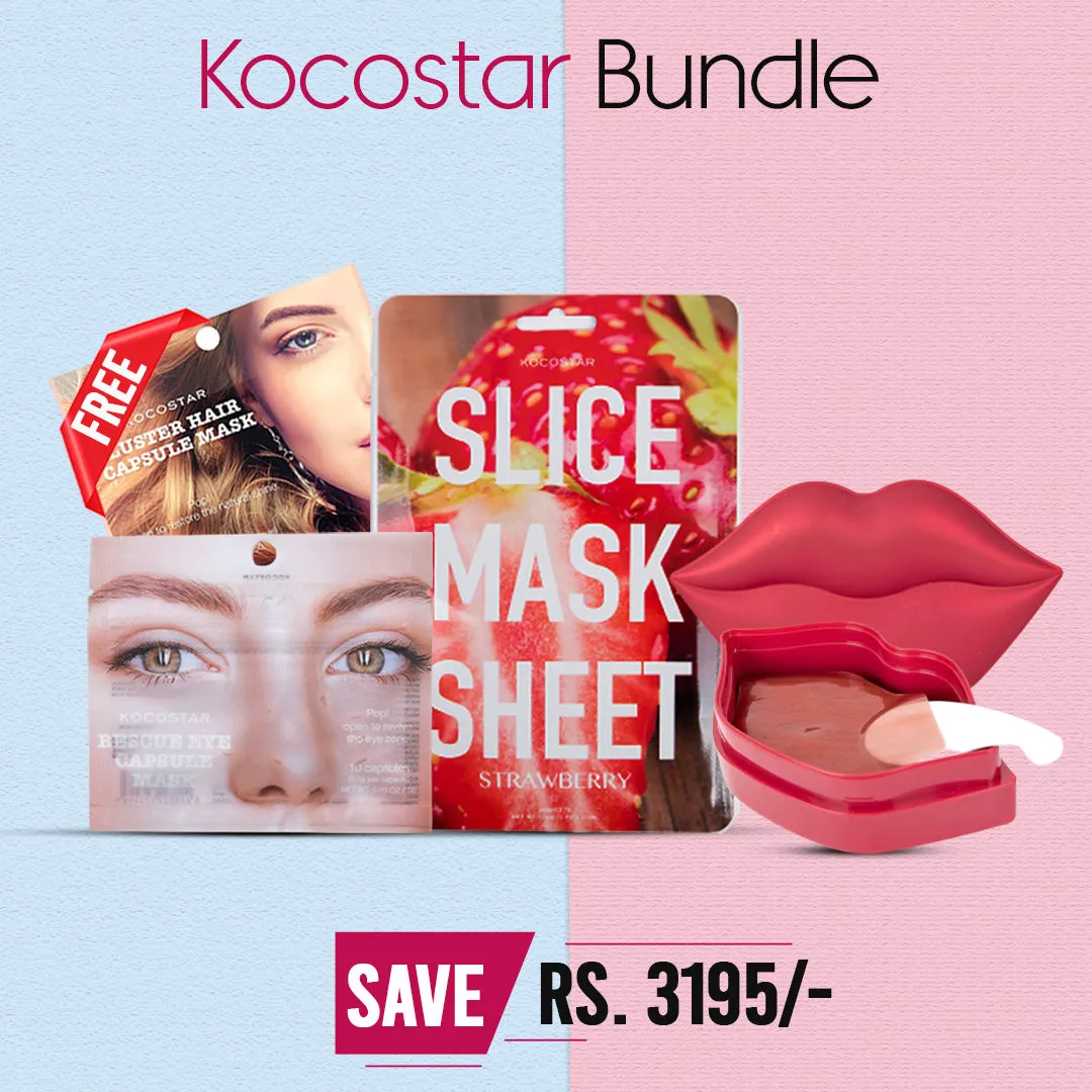 Kocostar Bundle ( Rose Lip Mask Jar, Slice Mask Strawberry, Luster Hair Capsule Mask - 7 Capsules, Rescue Eye Capsule Mask )
