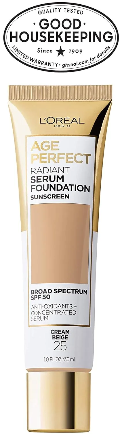 L'Oreal Paris Age Perfect Radiant Serum Foundation with SPF 50, Cream Beige, 1 Ounce
