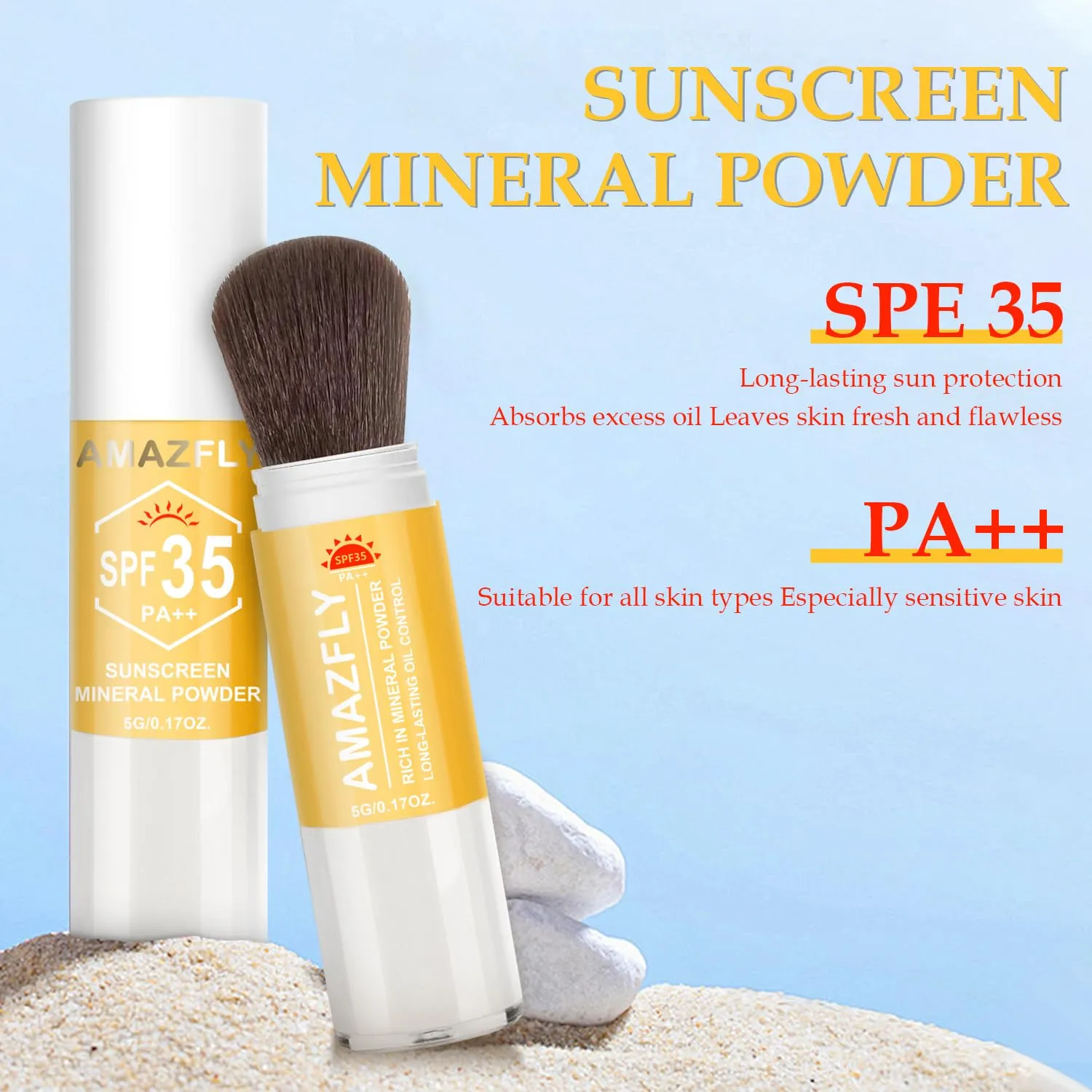 Mineral Sunscreen Setting Powder, SPF 35 Brush Sunscreen Powder for Face & Scalp, Long Lasting Lightweight Breathable, Oil Control Natural Matte Finish (#03 White)