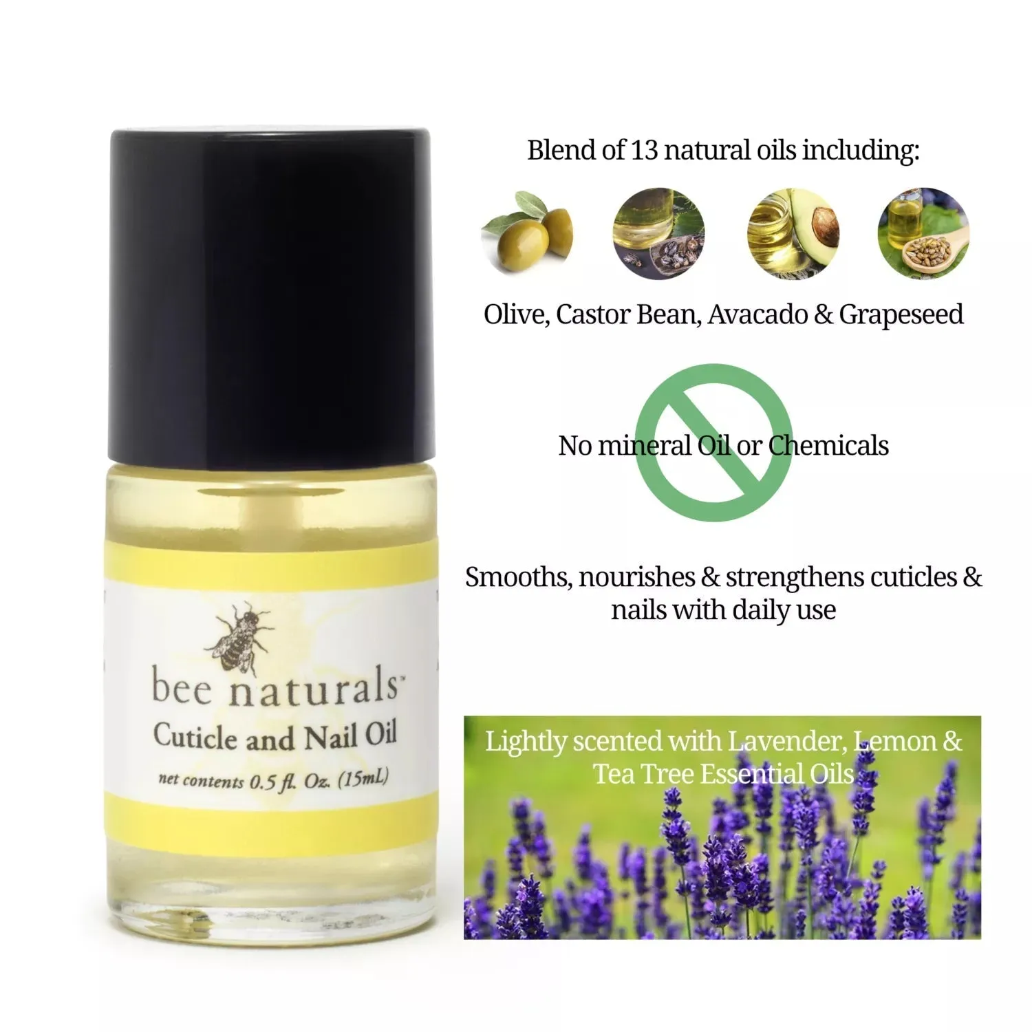 Nail & Cuticle Oil 0.5 oz - Heals Cracked Nails & Rigid Cuticles. Deep moisture for nails and cuticles. Contains rich avocado and castor oils. Massage into nails and cuticles.