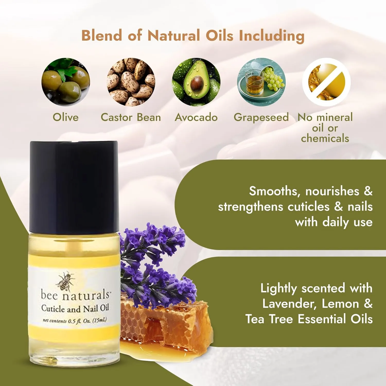 Nail & Cuticle Oil 0.5 oz - Heals Cracked Nails & Rigid Cuticles. Deep moisture for nails and cuticles. Contains rich avocado and castor oils. Massage into nails and cuticles.