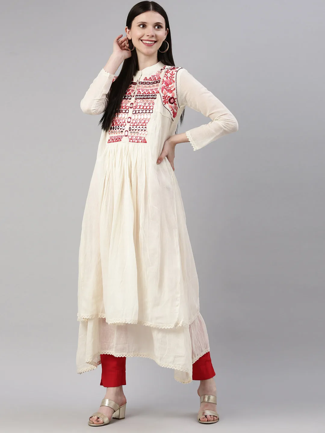 Neeru's Cream Color Chanderi Fabric Kurta