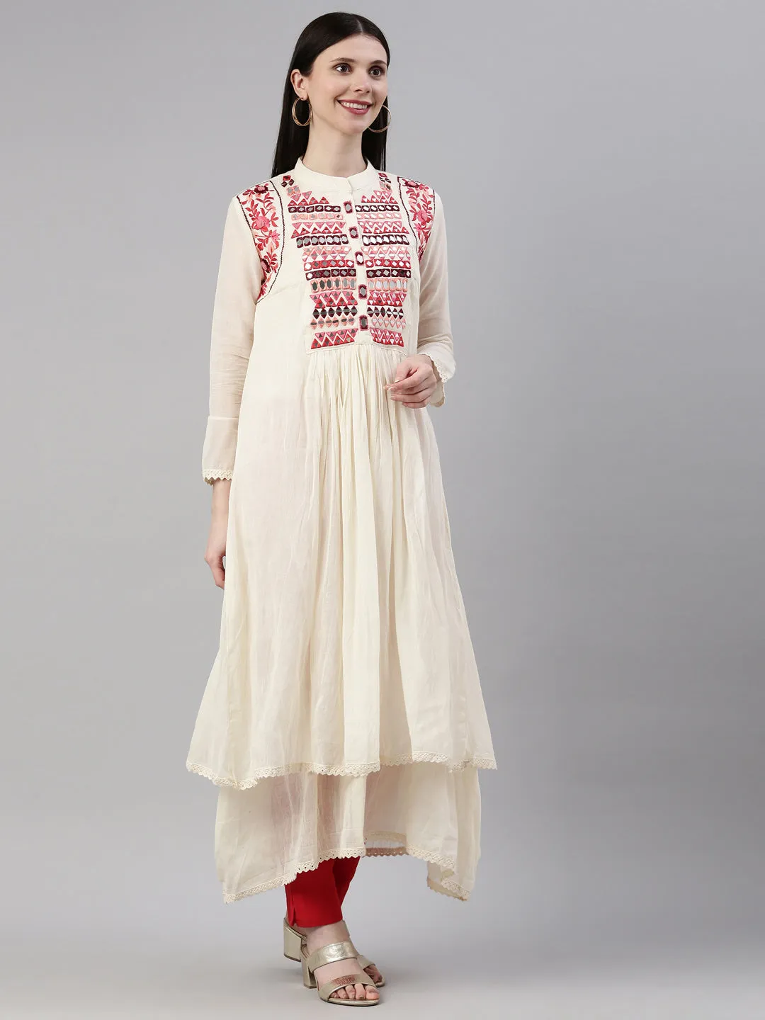 Neeru's Cream Color Chanderi Fabric Kurta