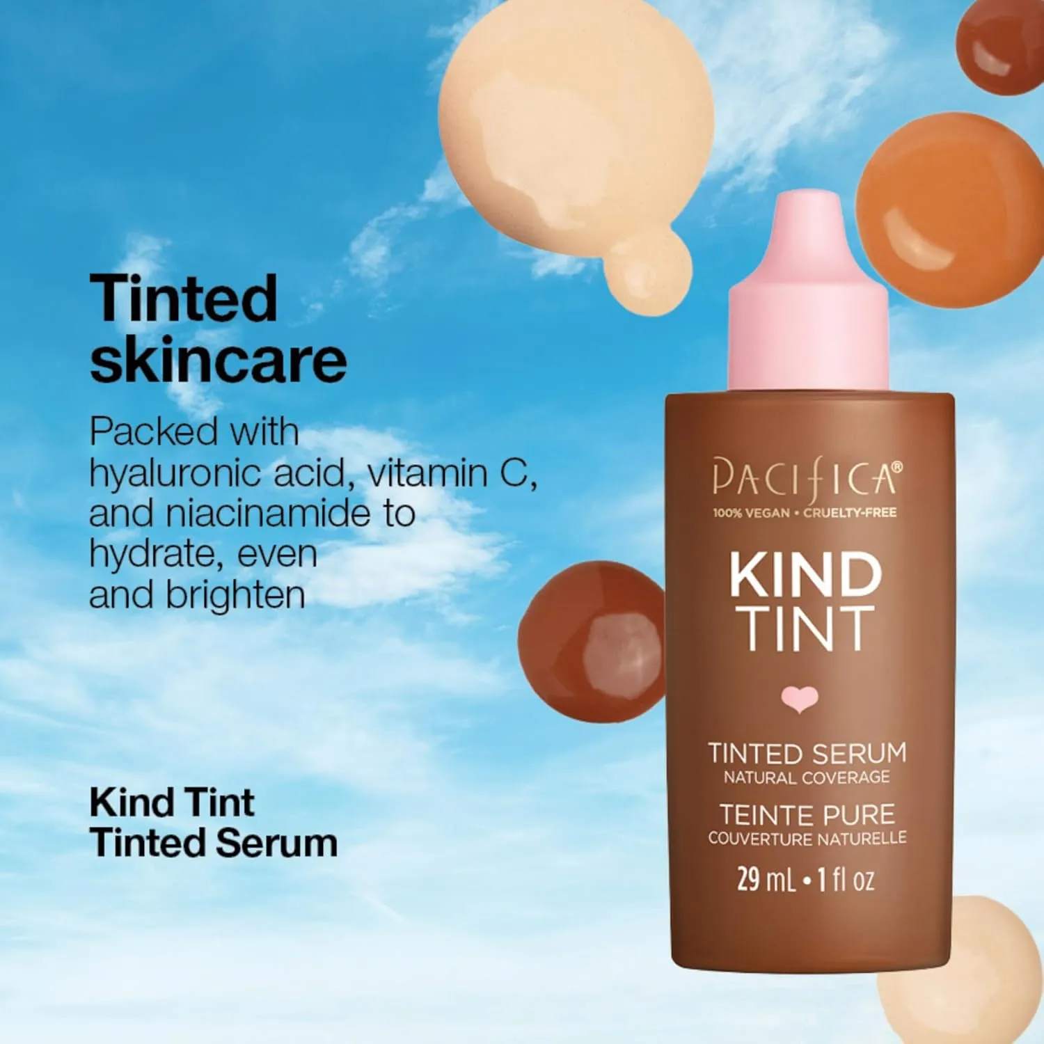 Pacifica Tinted Moisturizer  Kind Tint Serum, Lightweight Hydrating Foundation with Vegan Collagen & Hyaluronic Acid for Dewy Glow, Buildable Coverage, Vegan, 1 fl oz (Shade 19)