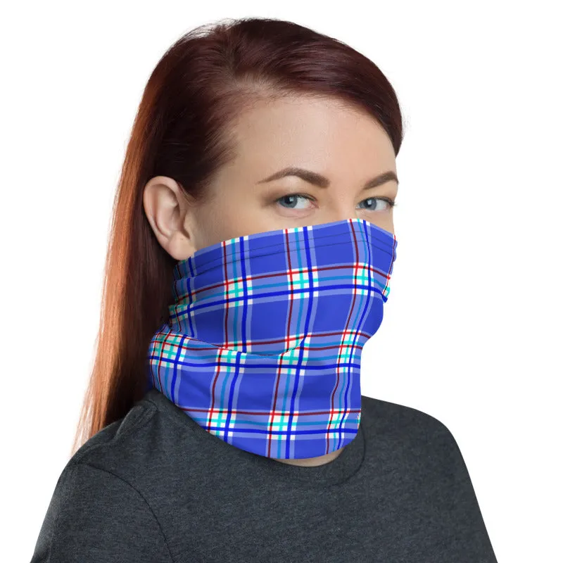 Pastel Blue Plaid Neck Gaiter, Tartan Print Reusable Washable Face Mask-Made in USA/EU